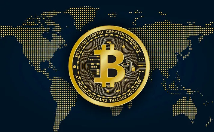 Bitcoin over map of globe