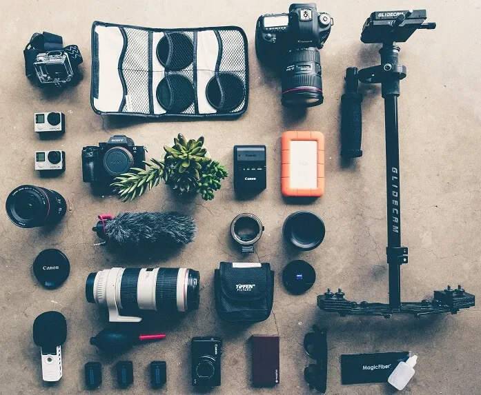 Photography equipment laid out