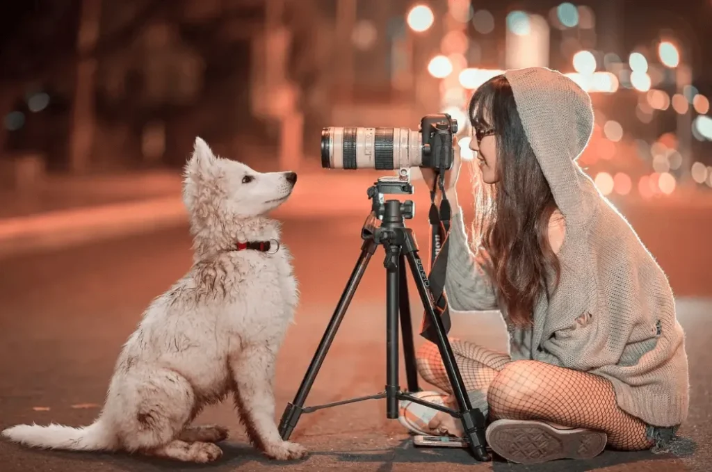 Photography girl in street with dog and camera on tripod