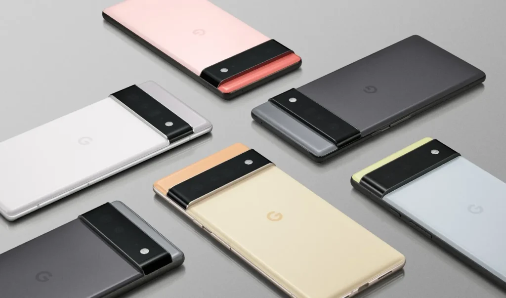 many google pixel phones arranged on table