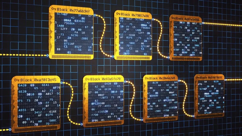 An abstract digital structure showing the concept of blockchain technology with binary hash data inside each block. The background contains a simple pixelated pattern.