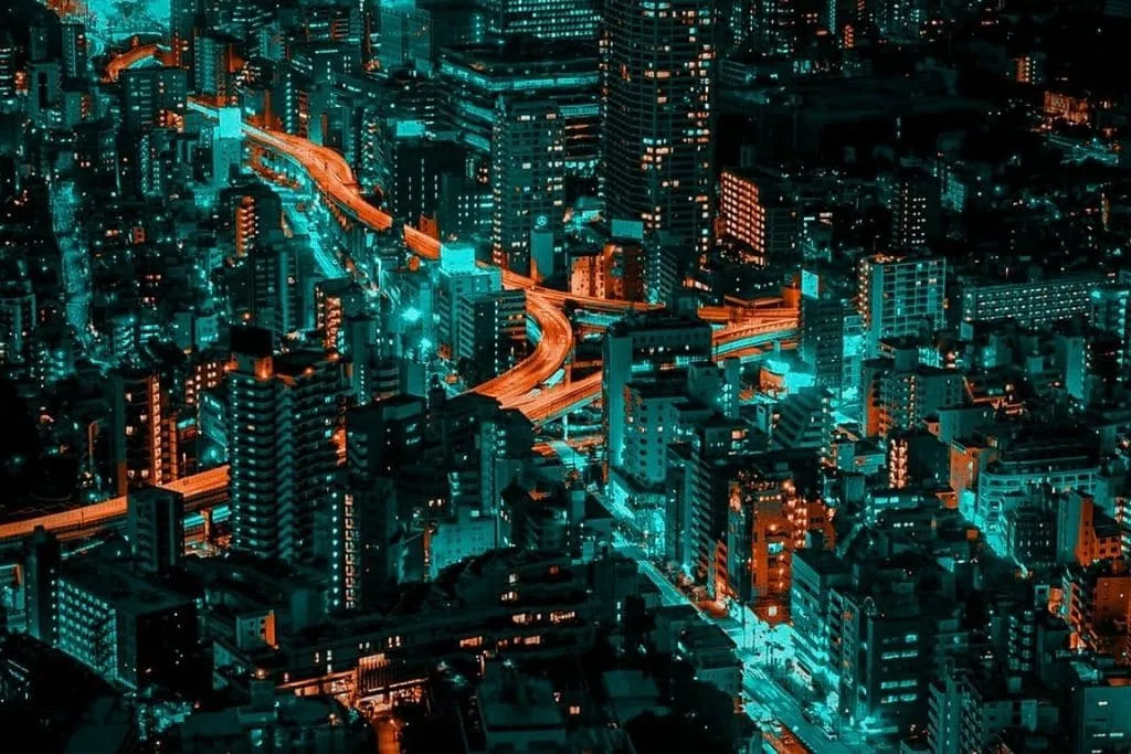 Cityscape at night with red highlights