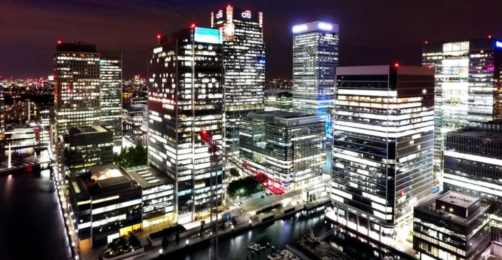 London at night cityskape buildings