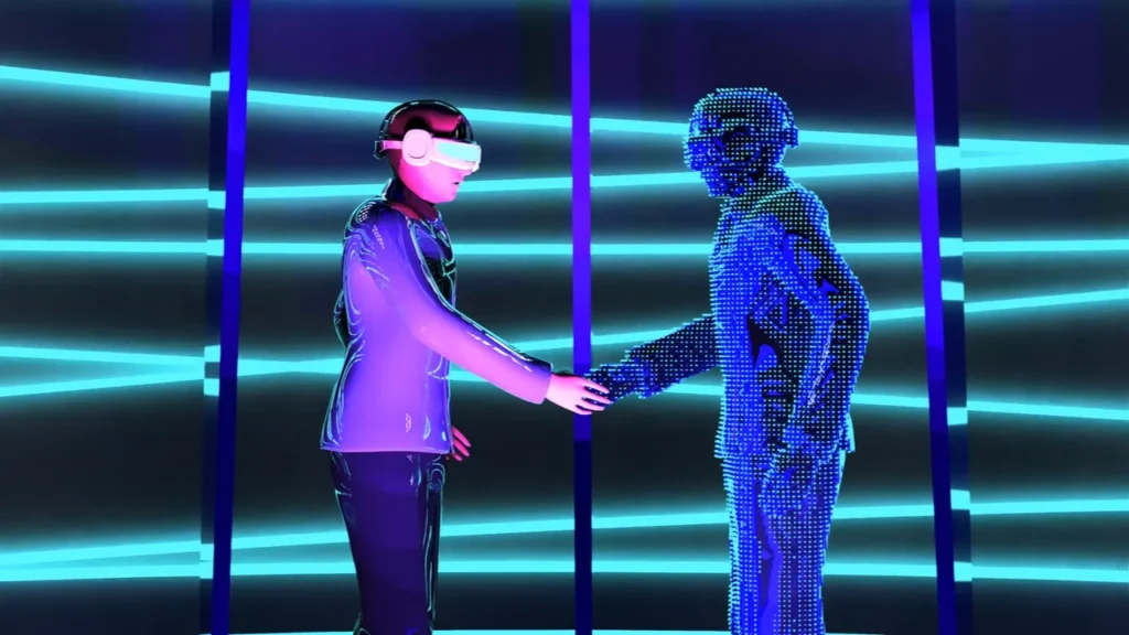 Metaverse person shaking hands with digital hologram