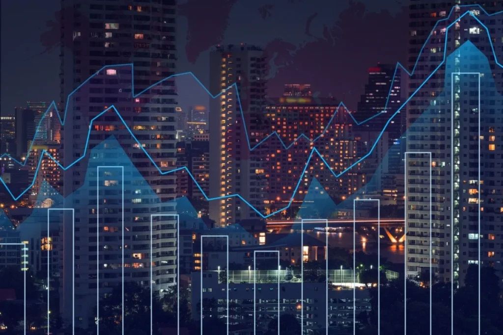 cities_data graph overlaying photo of buildings at night