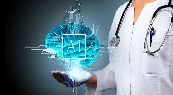 machine learning healthcare doctor holding brain ai graphic